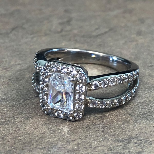 14K White Gold Emerald Cut Split Shank Halo Engagement Ring